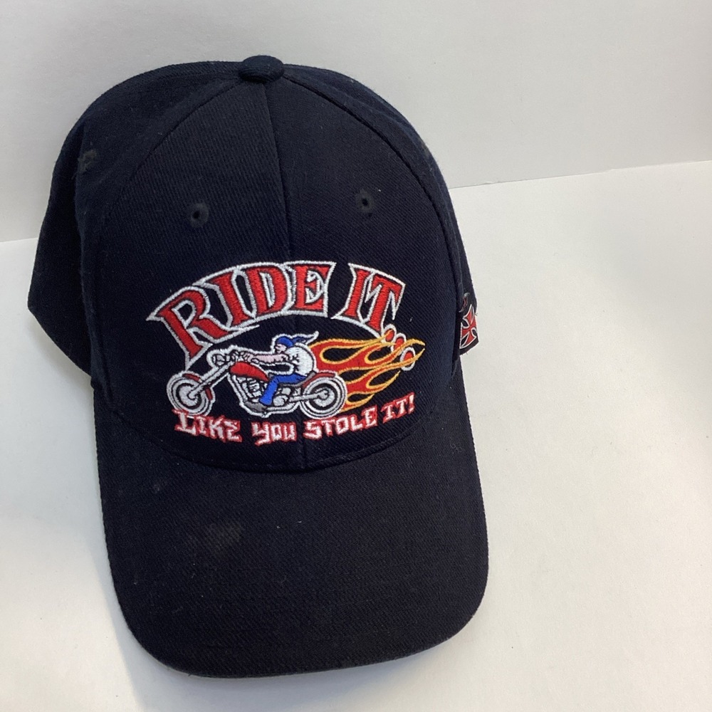 Ride It Black Motorcycle Flame Baseball Cap Hat Lid Strap Back